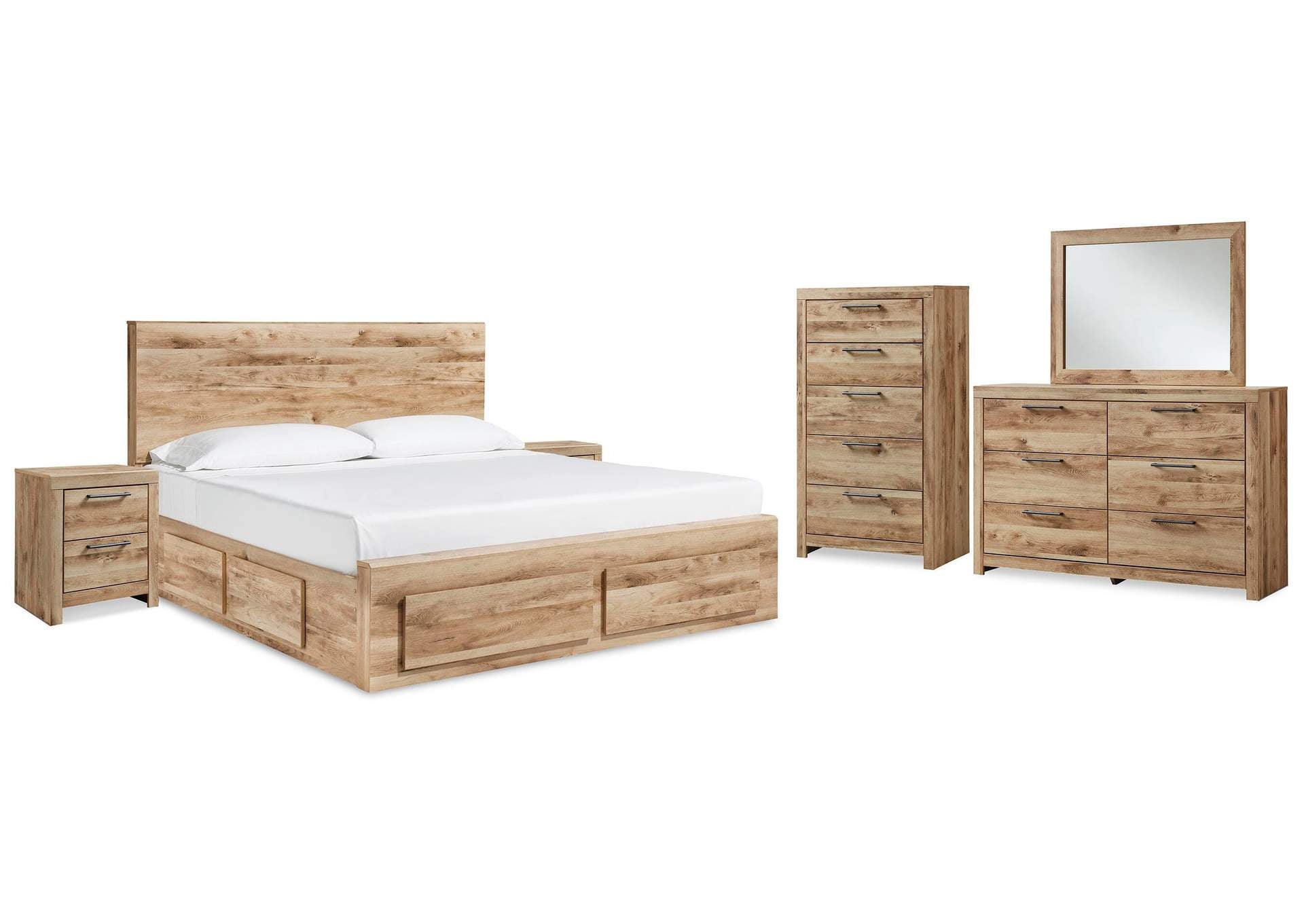 Hyanna King Panel Storage Bed with Mirrored Dresser, Chest and 2 Nightstands