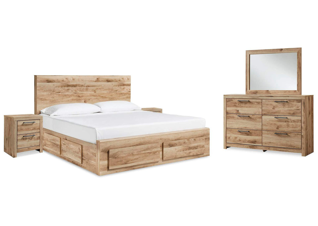 Hyanna King Panel Storage Bed with Mirrored Dresser and 2 Nightstands