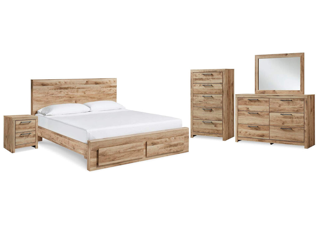 Hyanna King Panel Storage Bed with Mirrored Dresser, Chest and Nightstand