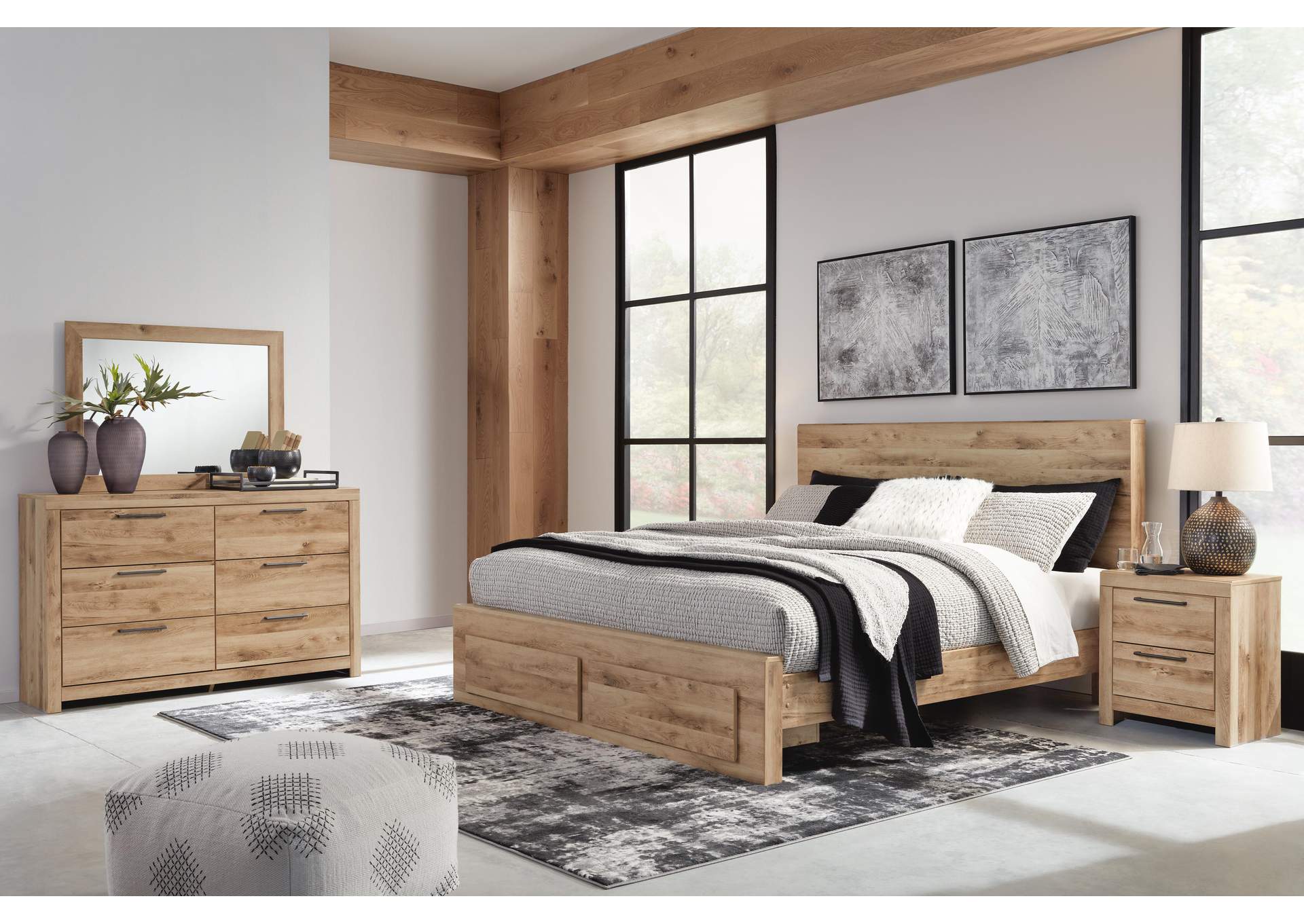Hyanna Queen Panel Storage Bed with Mirrored Dresser and 2 Nightstands