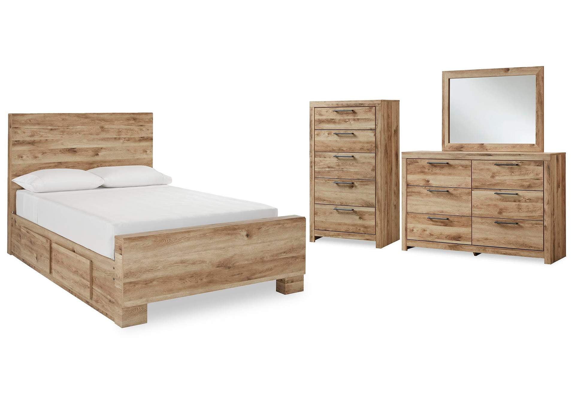 Hyanna Full Panel Bed with Storage with Mirrored Dresser and Chest