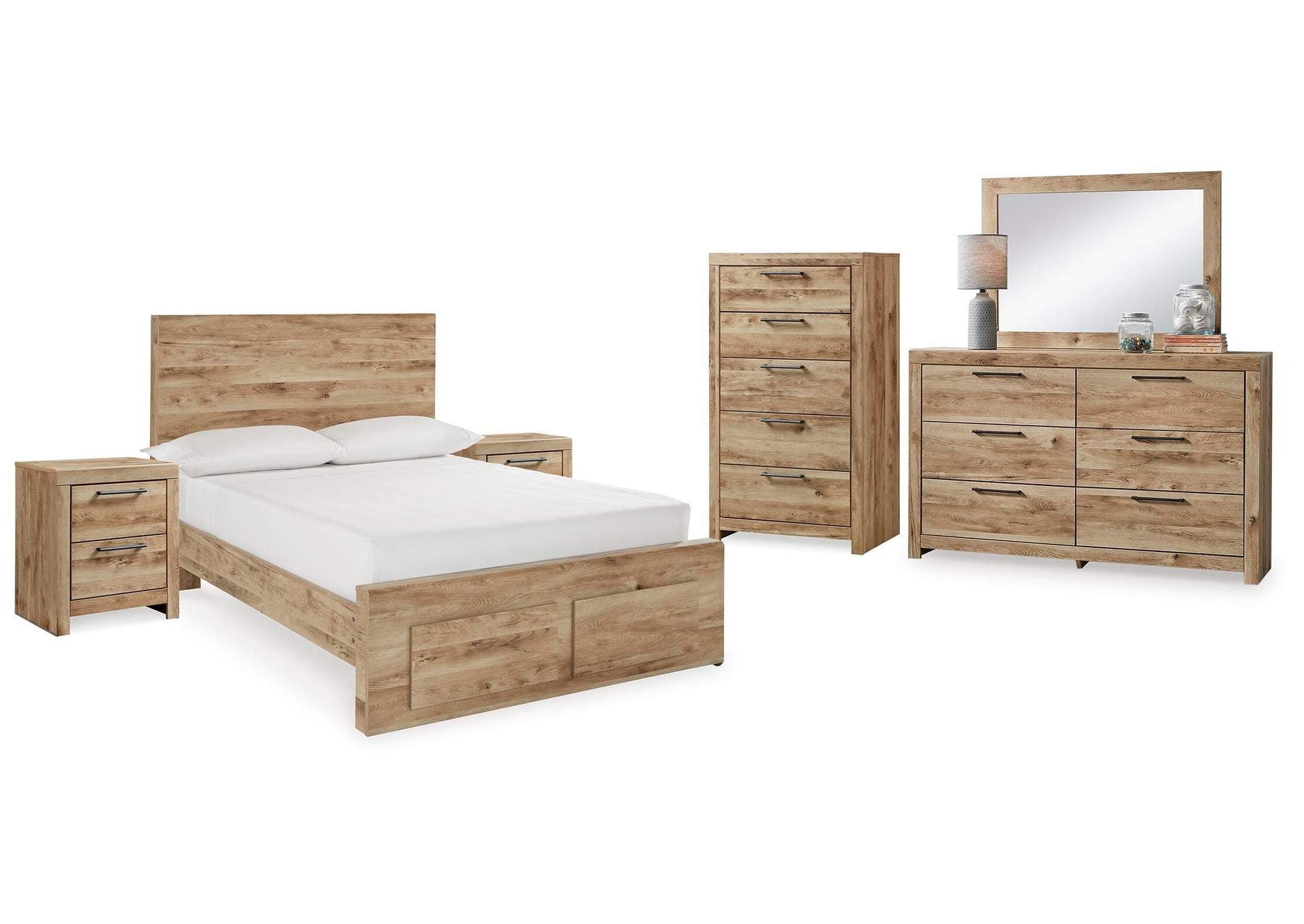 Hyanna Full Panel Storage Bed with Mirrored Dresser, Chest and 2 Nightstands