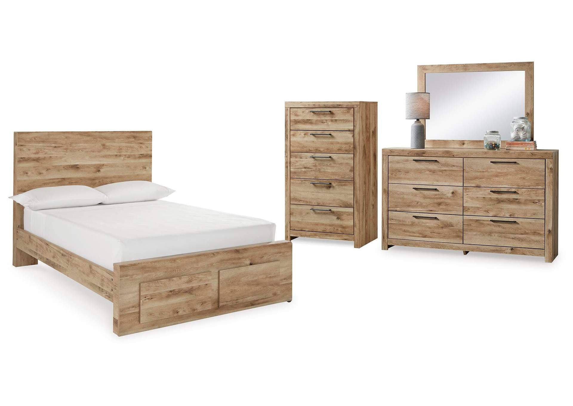 Hyanna Full Panel Storage Bed with Mirrored Dresser and Chest