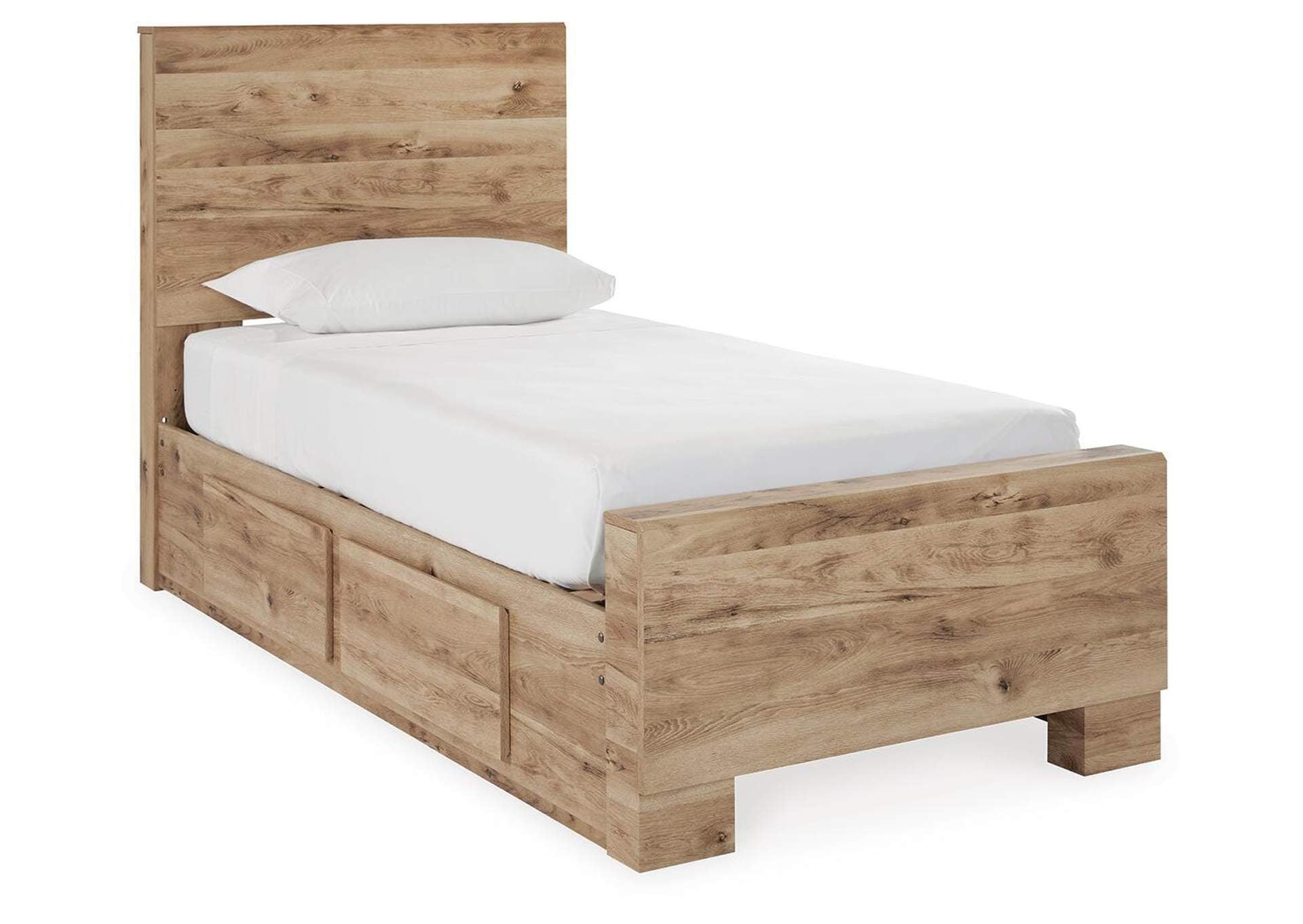 Hyanna Twin Panel Bed with Storage with Mirrored Dresser, Chest and Nightstand angled view