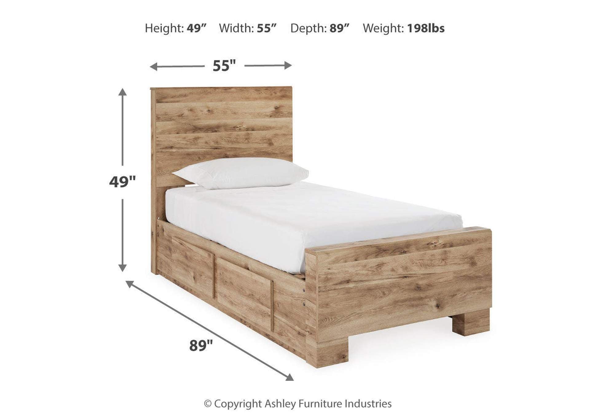 Hyanna Twin Panel Bed with Storage with Mirrored Dresser and 2 Nightstands dimensions