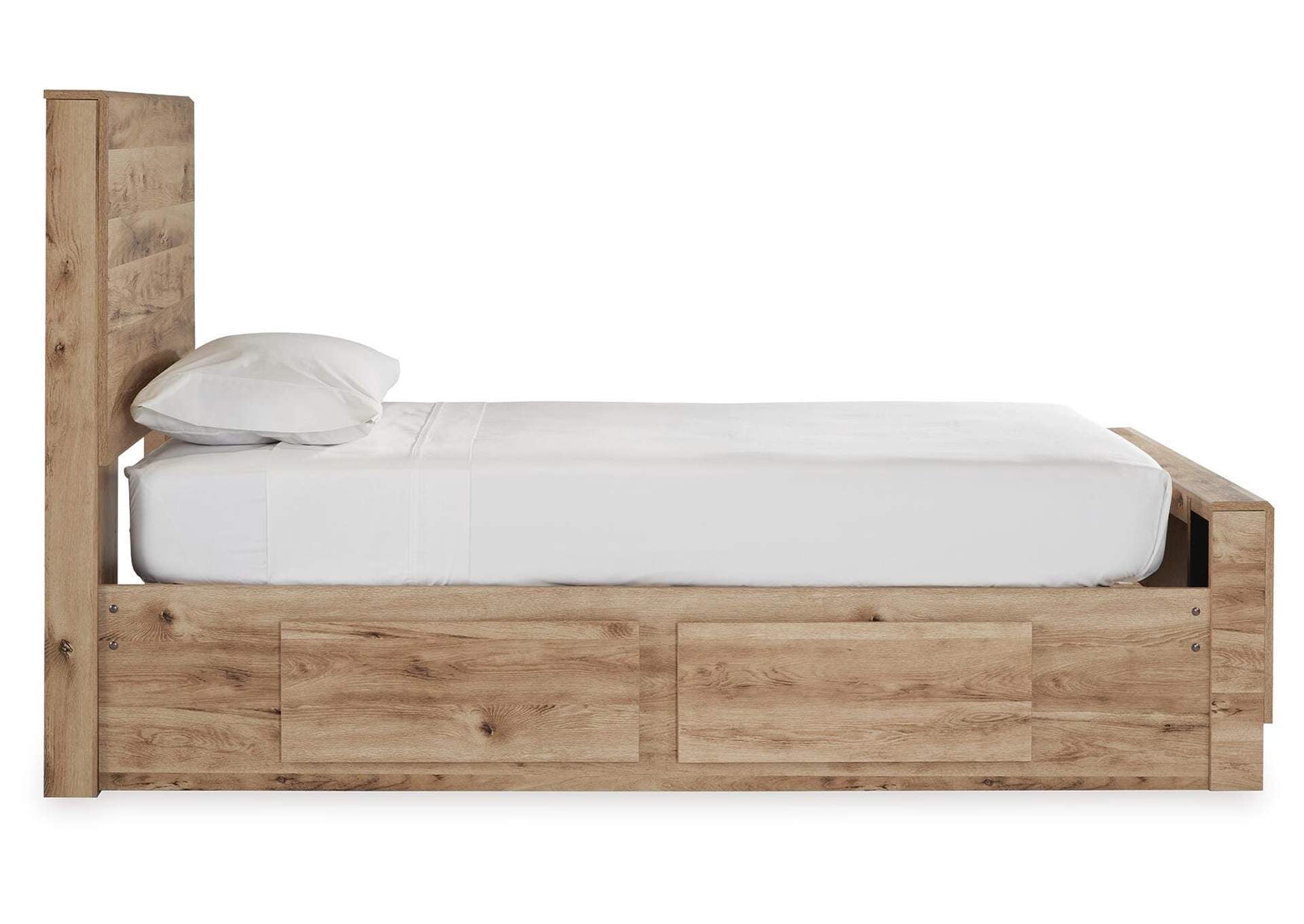 Hyanna Twin Panel Bed with Storage with Mirrored Dresser side view