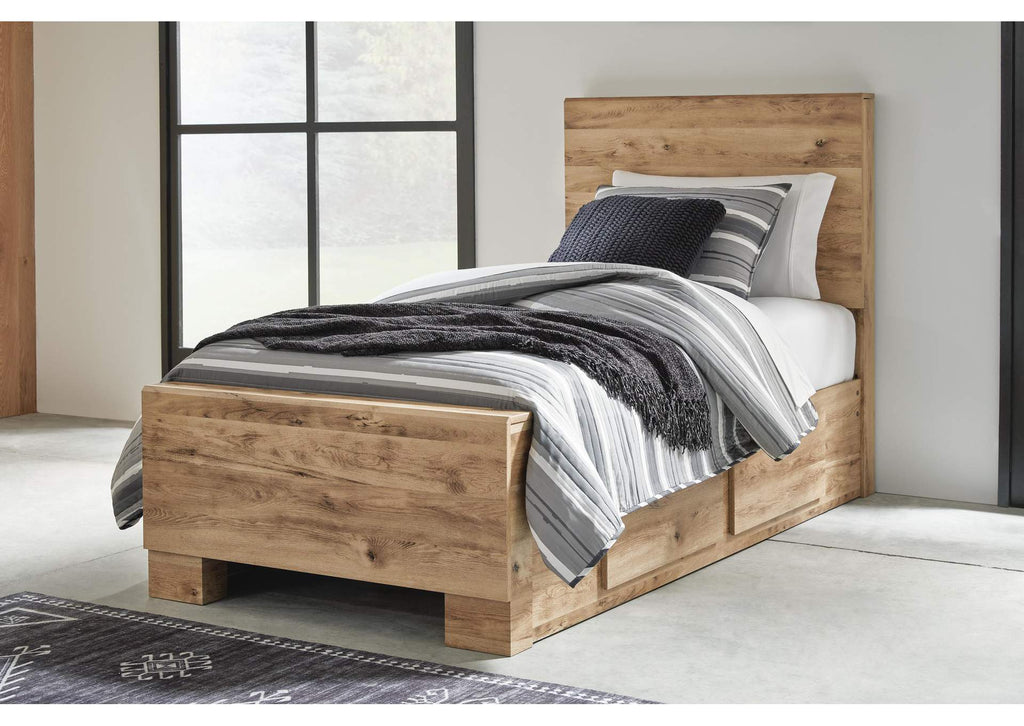 Hyanna Twin Panel Bed with Storage with Mirrored Dresser, Chest and Nightstand
