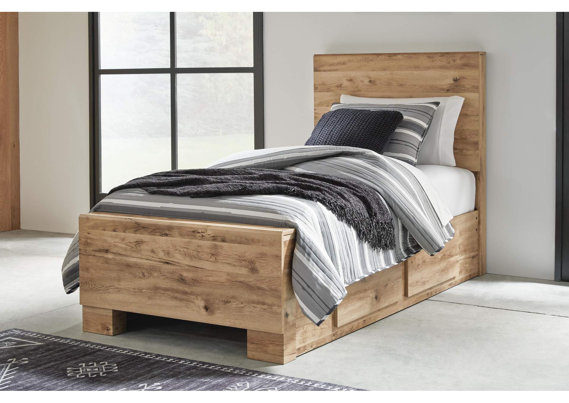 Hyanna Twin Panel Bed with Storage with Mirrored Dresser, Chest and Nightstand