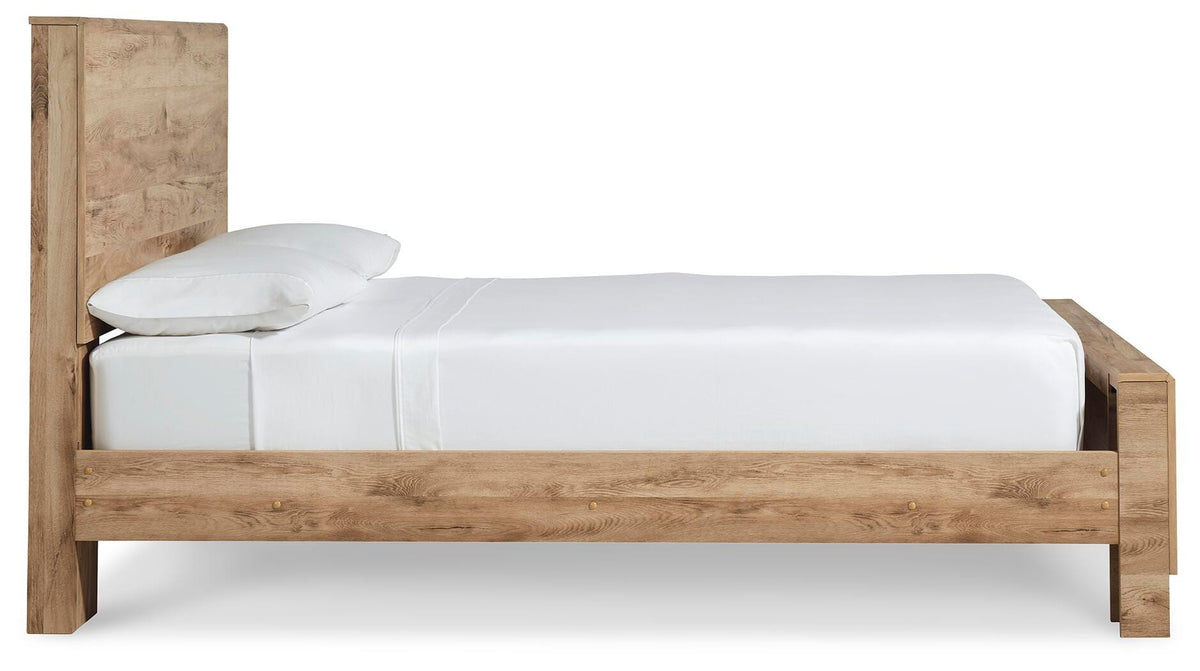 Hyanna Queen Panel Bed in Tan Brown, side view