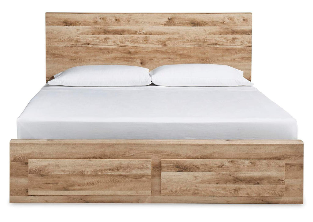 Hyanna King Panel Storage Bed with Mirrored Dresser and 2 Nightstands front view