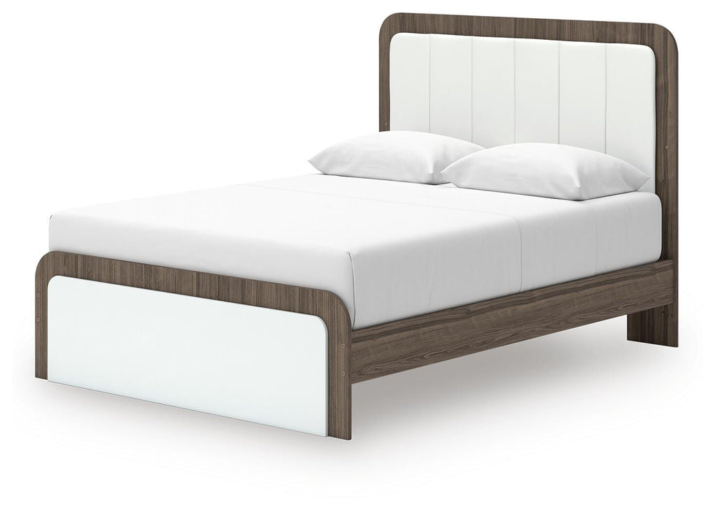 Kendanport Queen Upholstered Bed in White/Brown, angle view