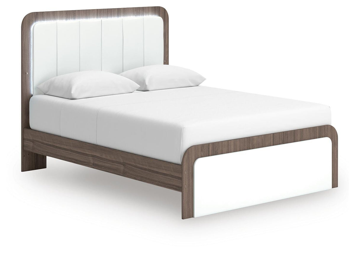 Kendanport Queen Upholstered Bed in White/Brown, angle view