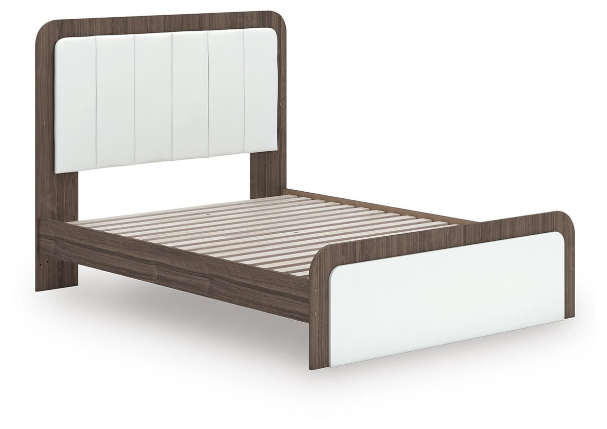Kendanport Queen Upholstered Bed in White/Brown, angle view