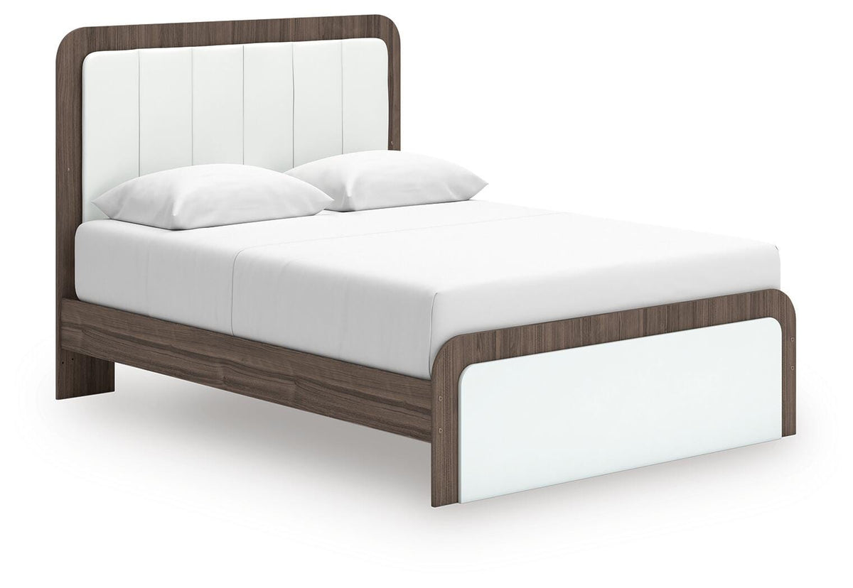 Kendanport Queen Upholstered Bed in White/Brown, angle view