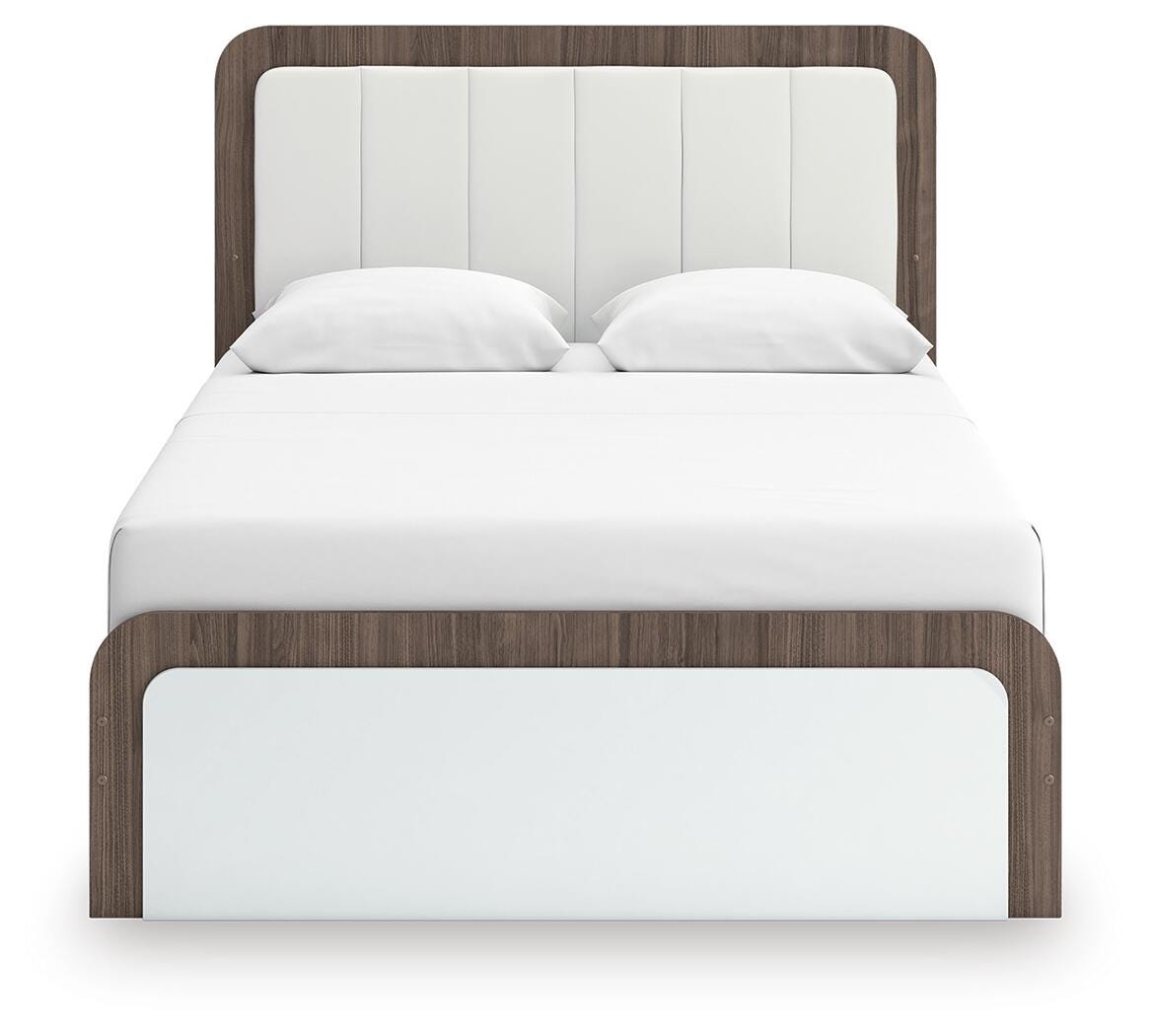 Kendanport Queen Upholstered Bed in White/Brown, front view