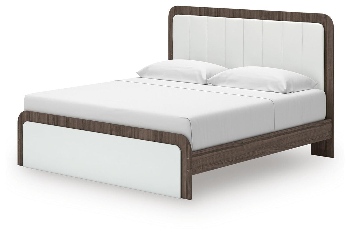 Kendanport King Upholstered Bed in White/Brown, angle view