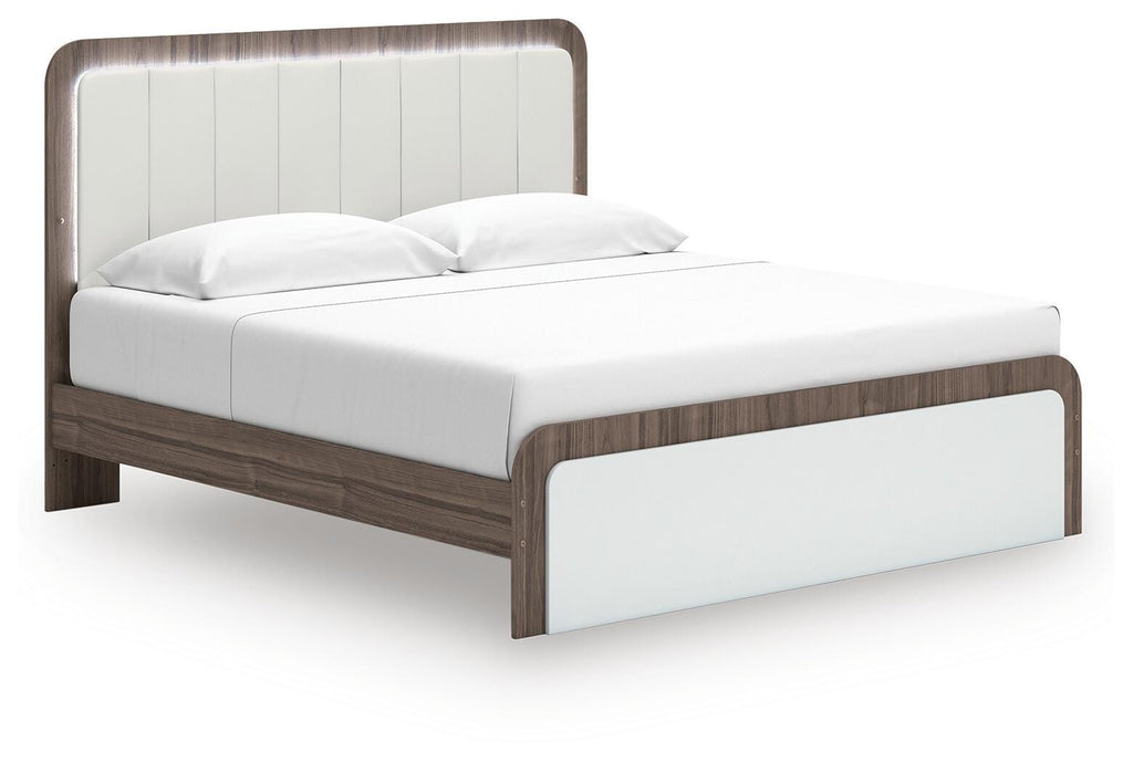 Kendanport King Upholstered Bed in White/Brown, angle view
