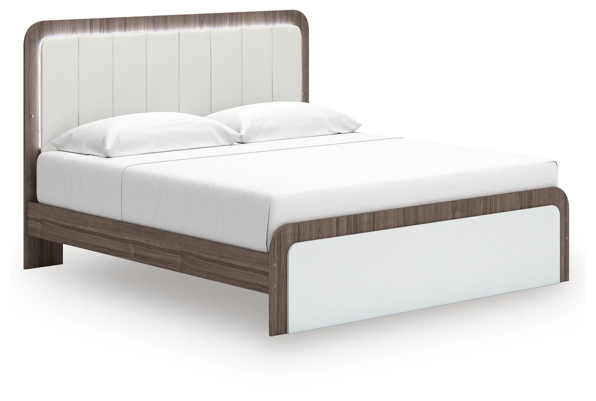 Kendanport King Upholstered Bed in White/Brown, angle view