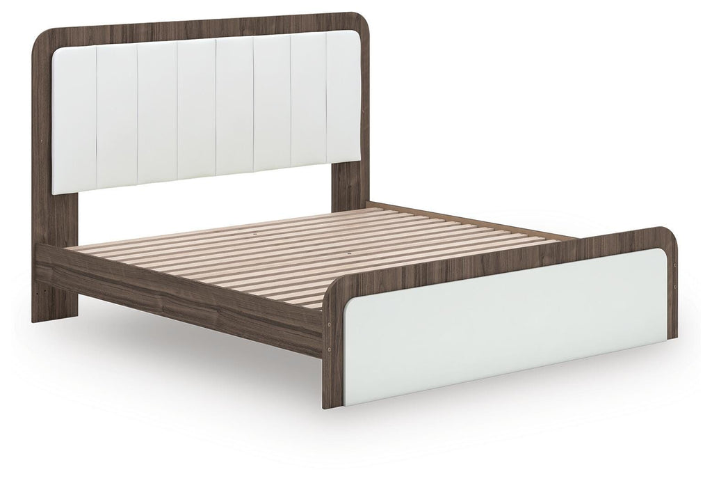 Kendanport King Upholstered Bed in White/Brown, angle view