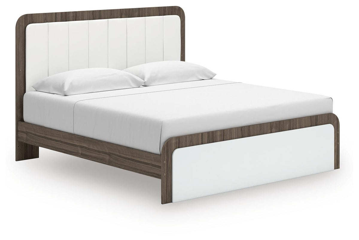 Kendanport King Upholstered Bed in White/Brown, angle view