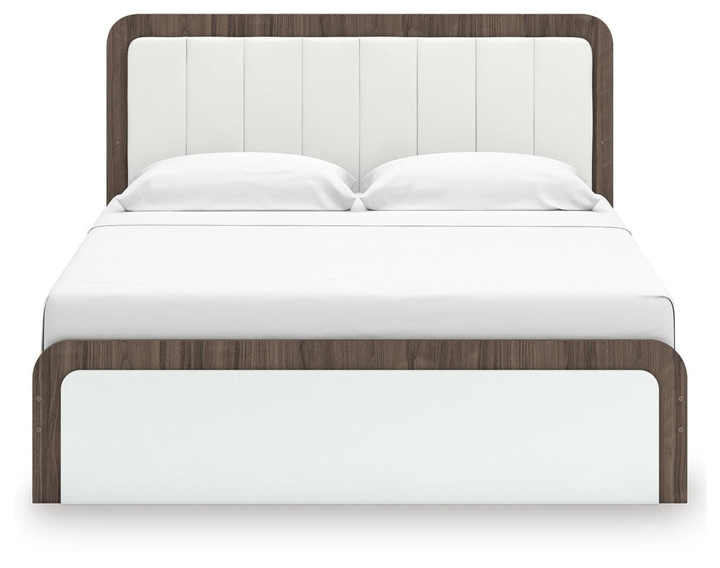 Kendanport King Upholstered Bed in White/Brown, front view