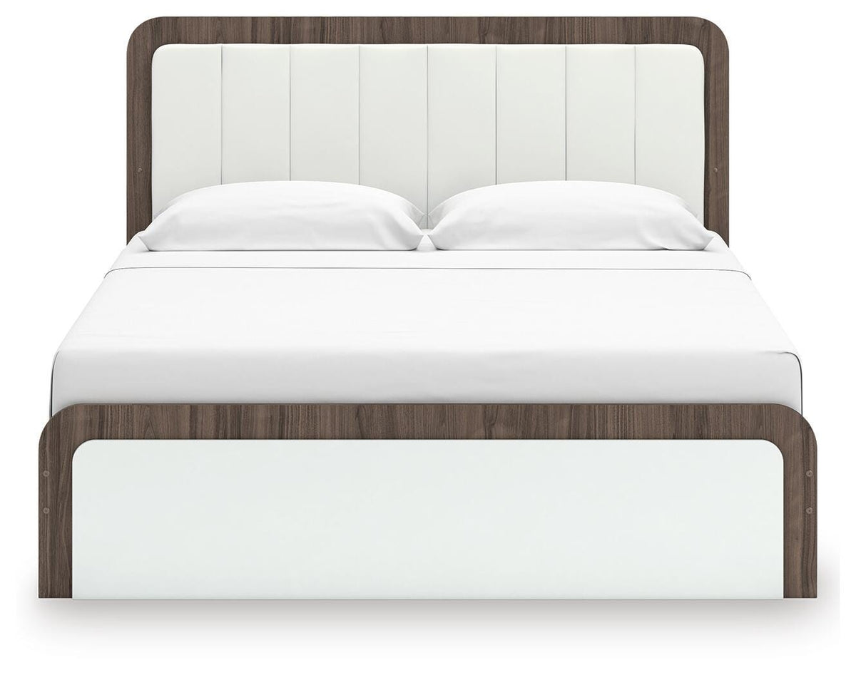 Kendanport King Upholstered Bed in White/Brown, front view
