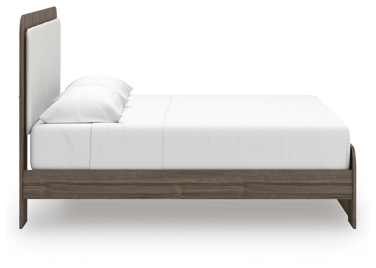 Kendanport King Upholstered Bed in White/Brown, side view