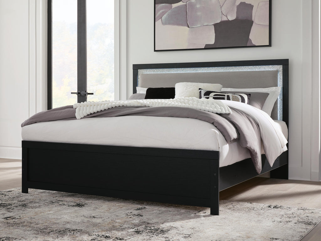 Maeling King Upholstered Panel Bed in Black, lifestyle view