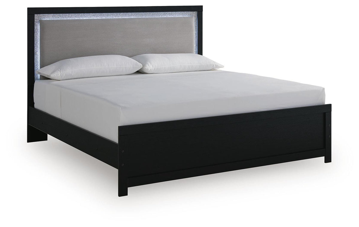 Maeling King Upholstered Panel Bed in Black, angle view