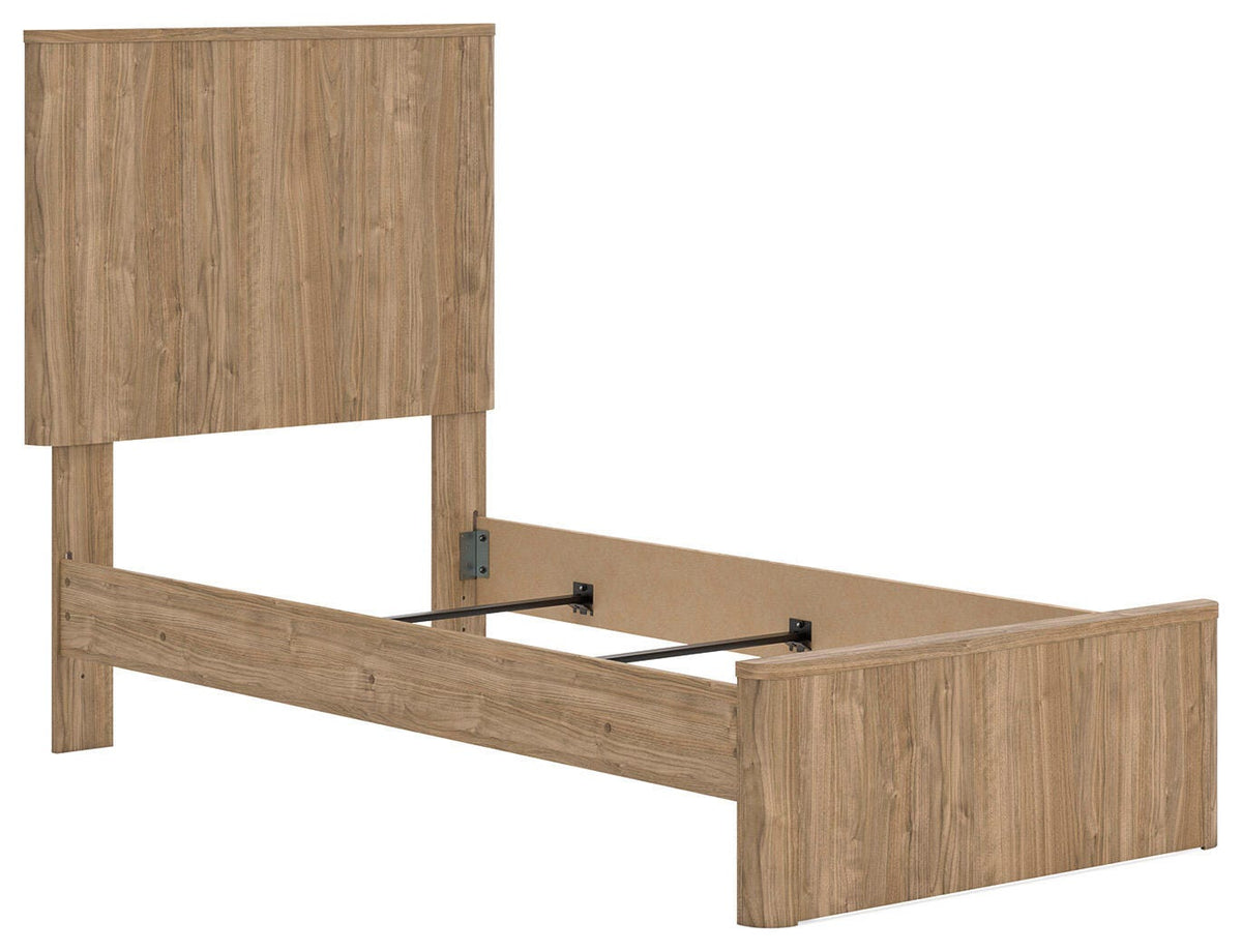 Gramburg Twin Panel Bed in Warm Natural Brown, angle view