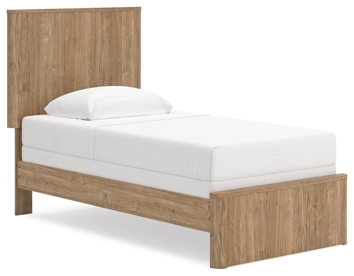Gramburg Twin Panel Bed in Warm Natural Brown, angle view