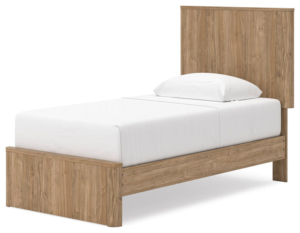 Gramburg Twin Panel Platform Bed in Warm Natural Brown, angle view