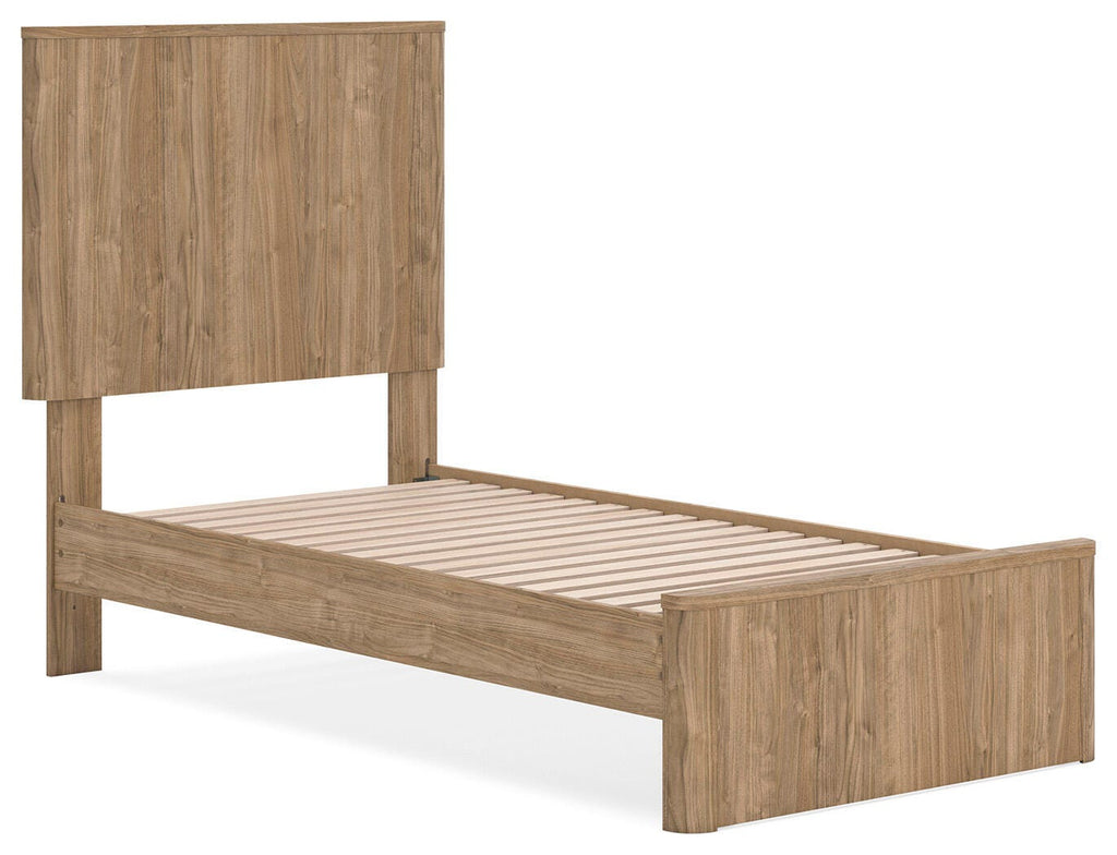 Gramburg Twin Panel Platform Bed in Warm Natural Brown, angle view