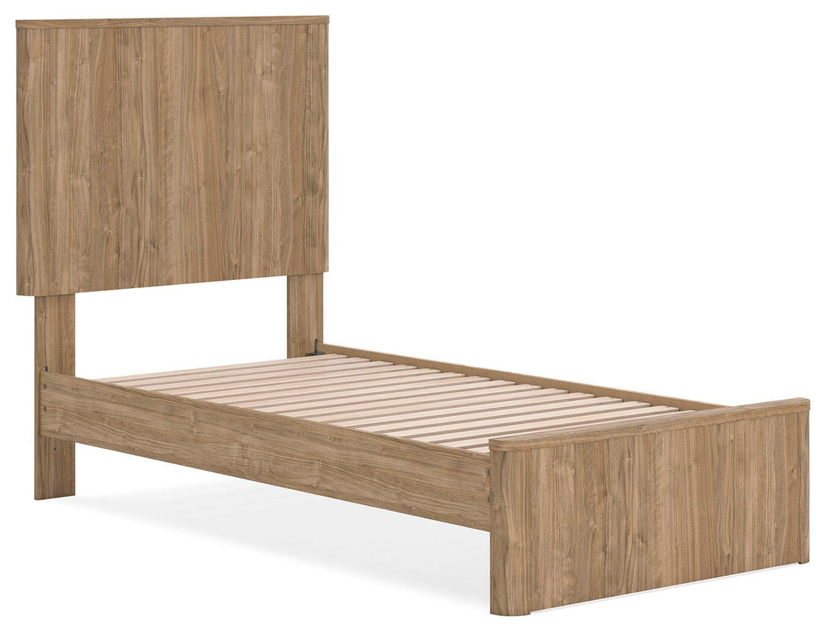 Gramburg Twin Panel Platform Bed in Warm Natural Brown, angle view