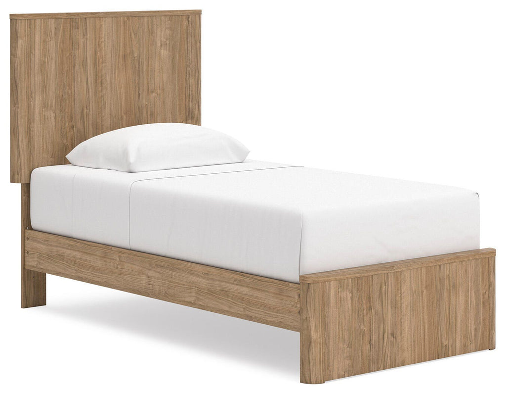 Gramburg Twin Panel Platform Bed in Warm Natural Brown, angle view