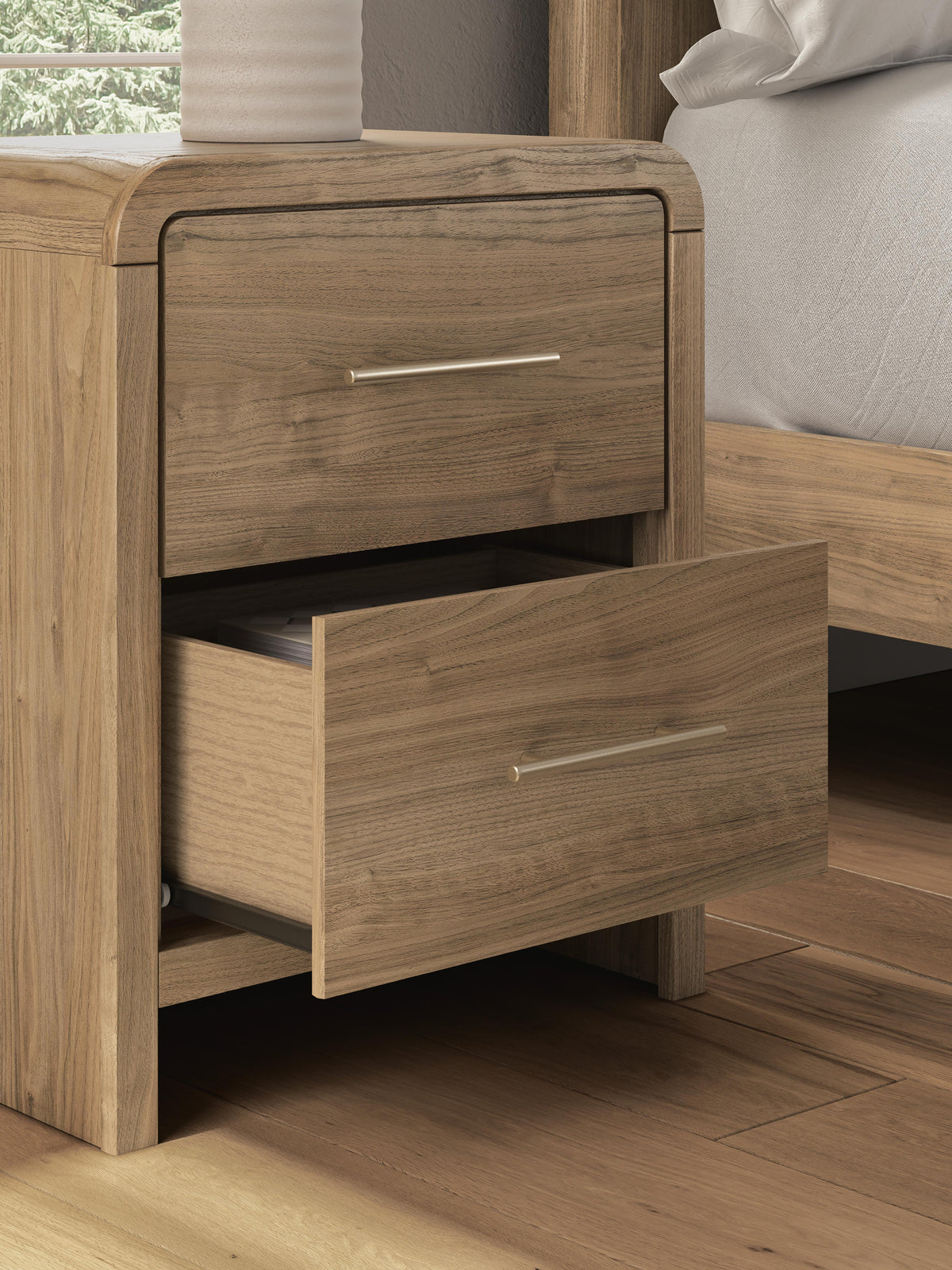 Gramburg Nightstand in Warm Natural Brown, detail view