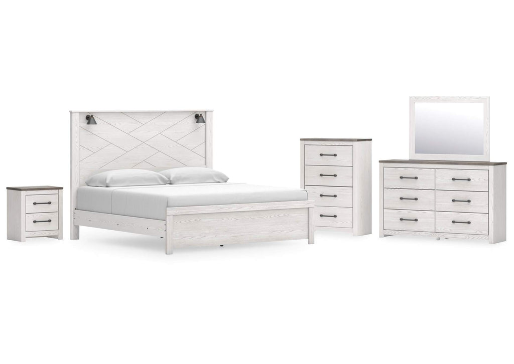 Gerridan King Panel Bed with Mirrored Dresser, Chest and Nightstand