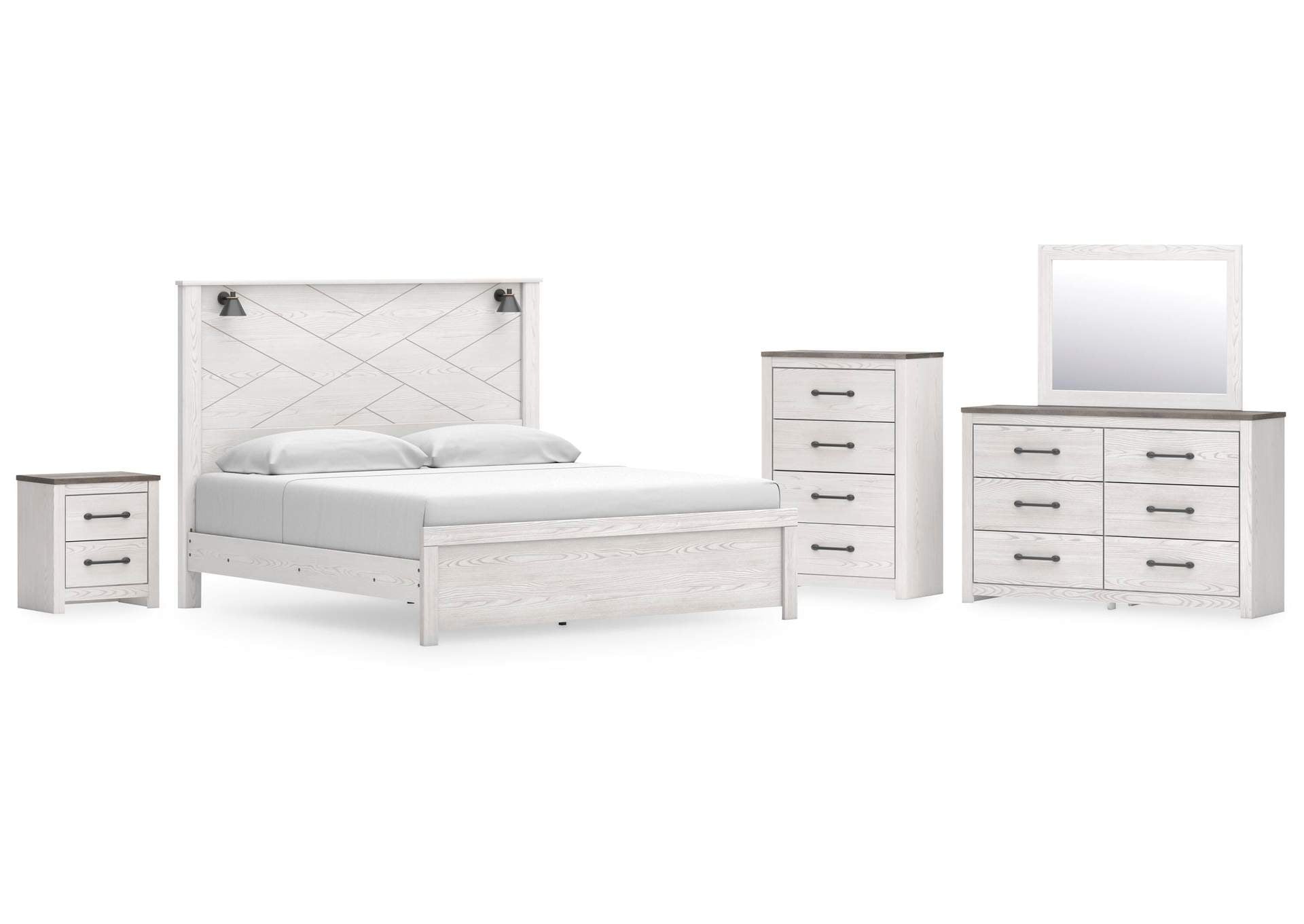 Gerridan King Panel Bed with Mirrored Dresser, Chest and Nightstand