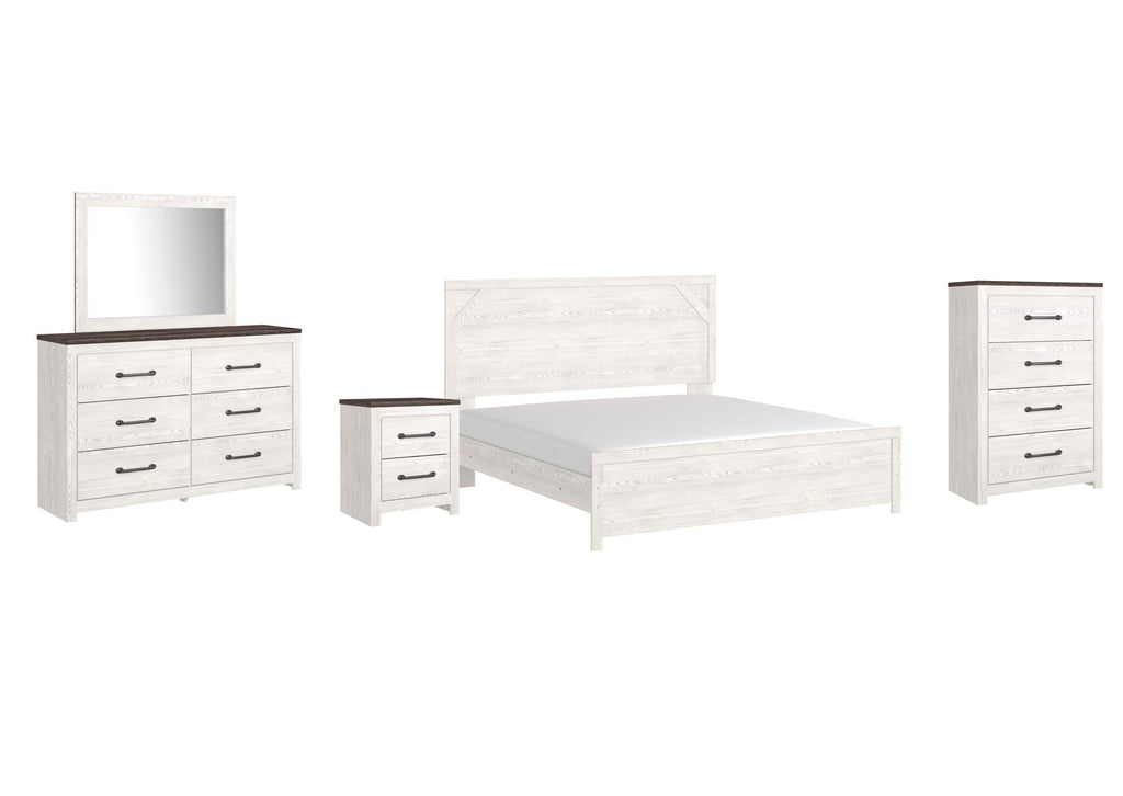Gerridan King Panel Bed with Mirrored Dresser, Chest and Nightstand