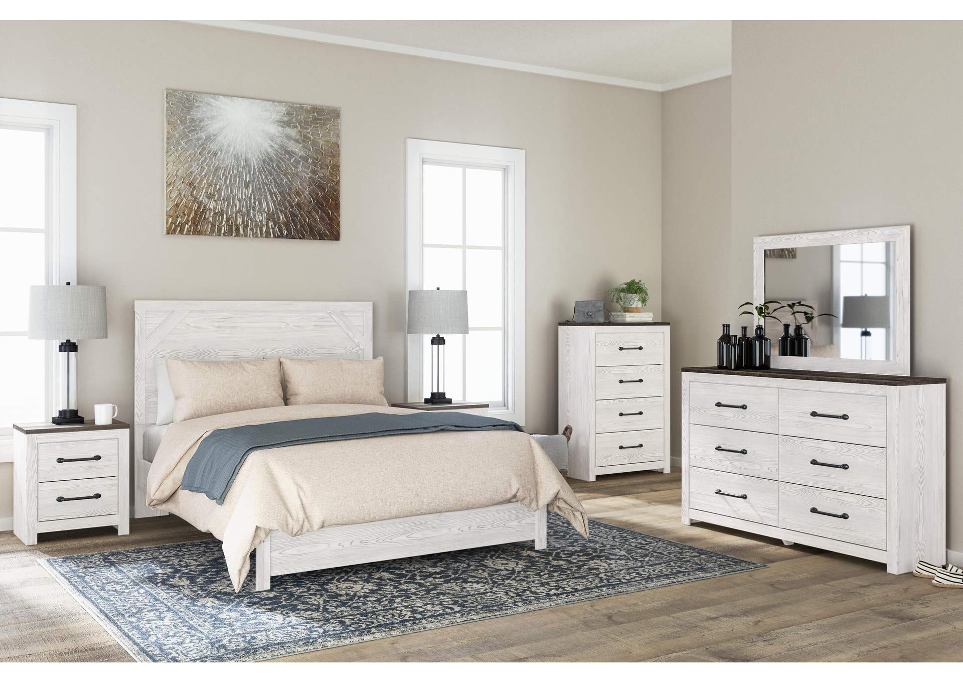 Gerridan Queen Panel Bed with Mirrored Dresser, Chest and Nightstand