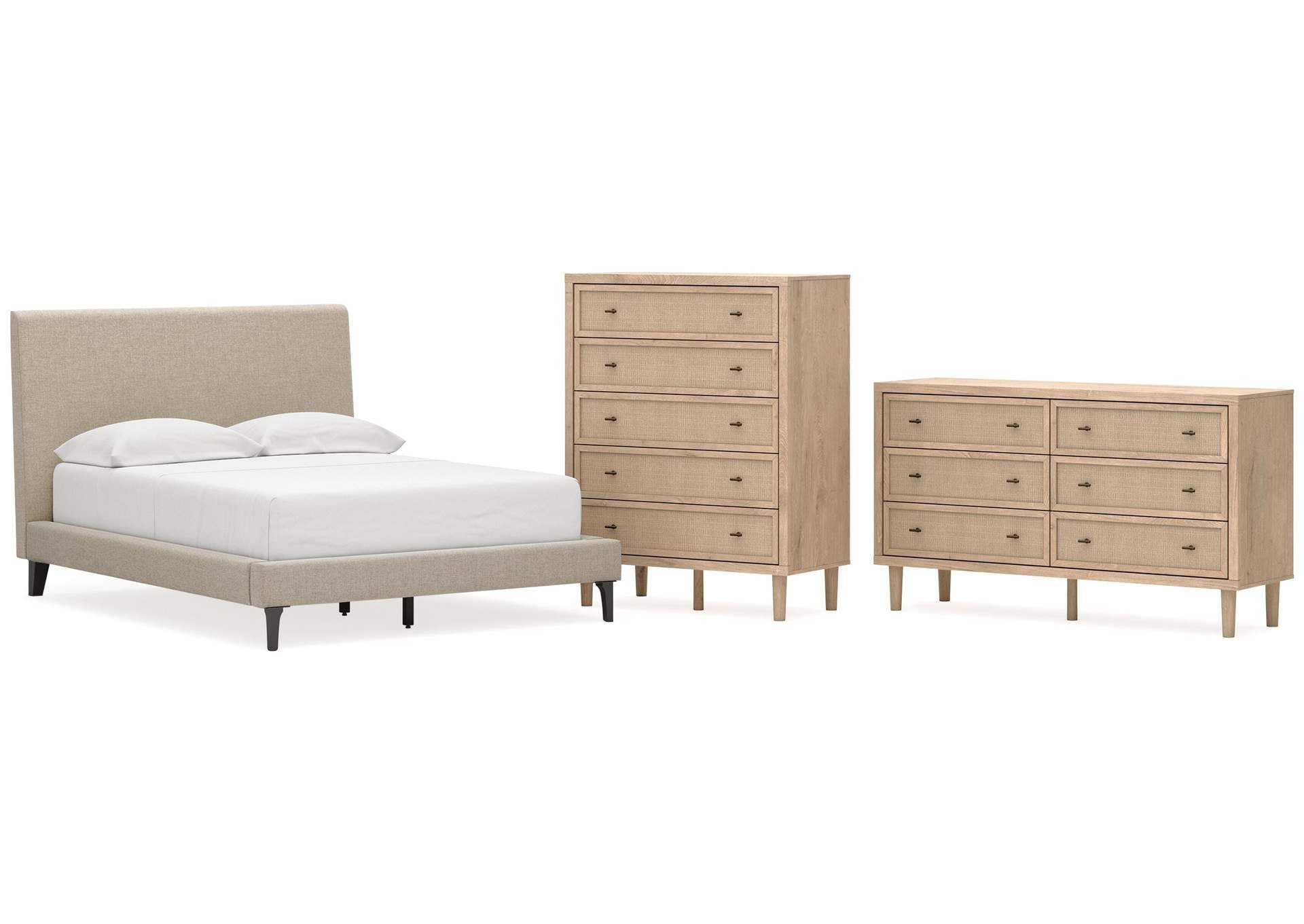 Cielden Full Upholstered Bed with Roll Slats, Dresser and Chest