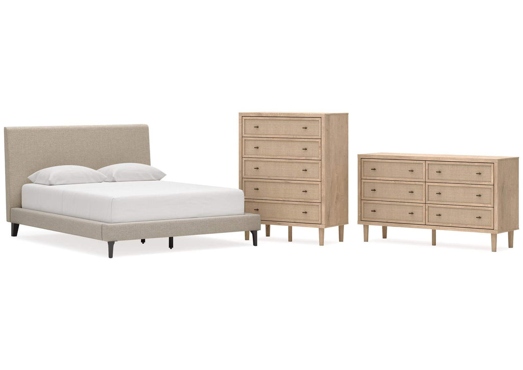 Cielden Queen Upholstered Bed with Roll Slats, Dresser and Chest