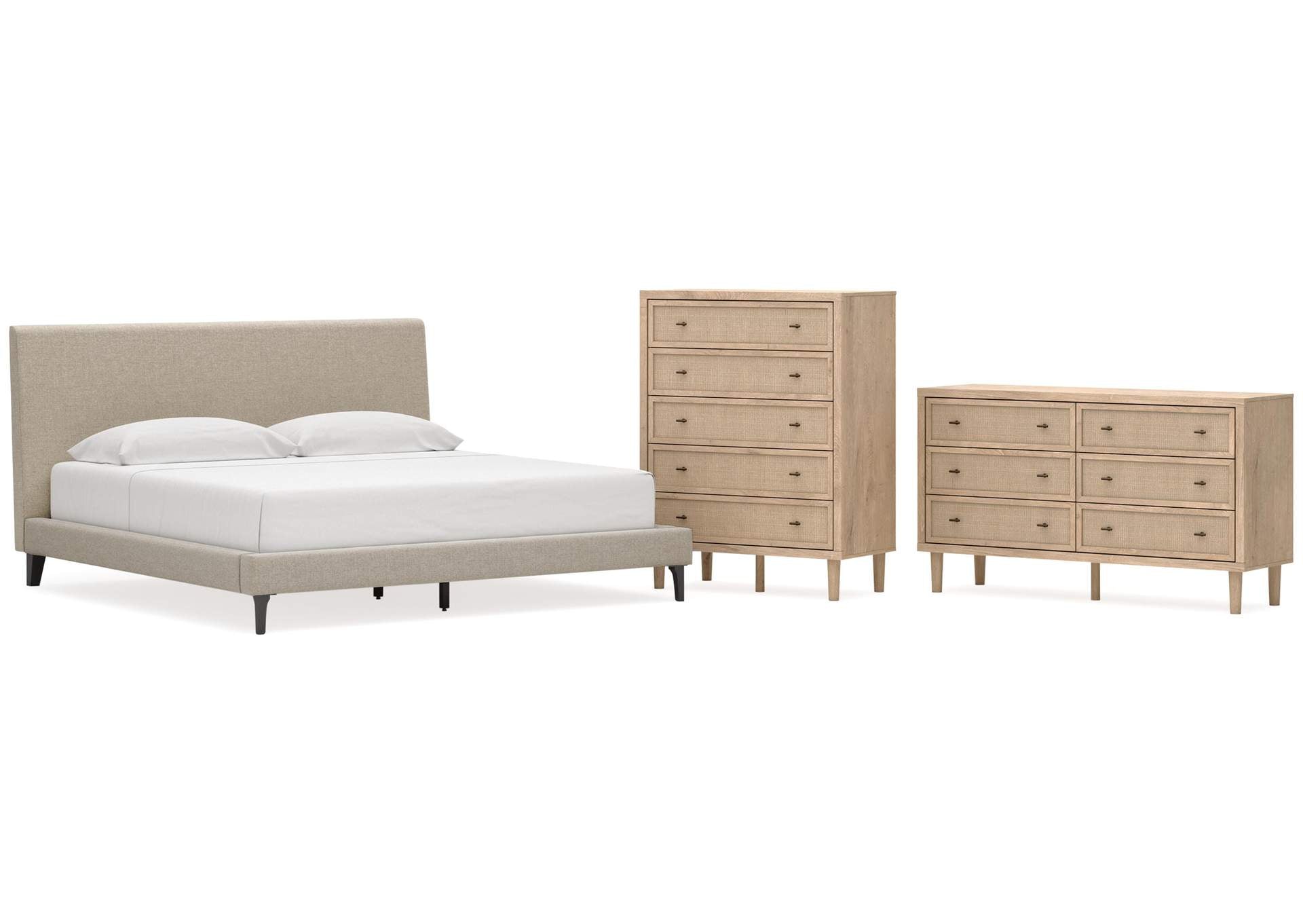 Cielden King Upholstered Bed with Roll Slats, Dresser and Chest