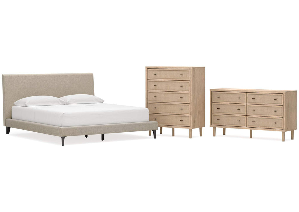Cielden California King Upholstered Bed with Roll Slats, Dresser and Chest