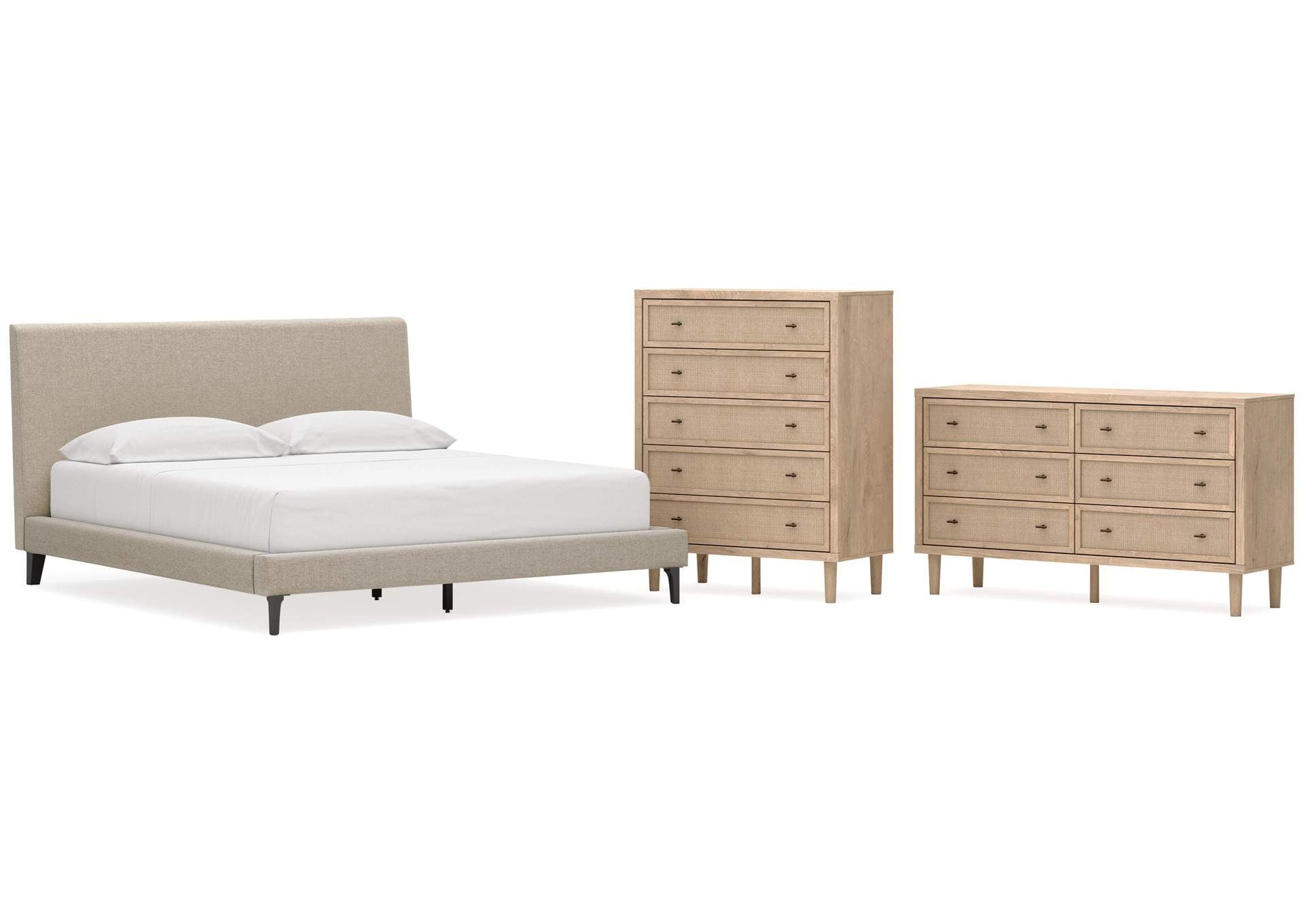 Cielden California King Upholstered Bed with Roll Slats, Dresser and Chest