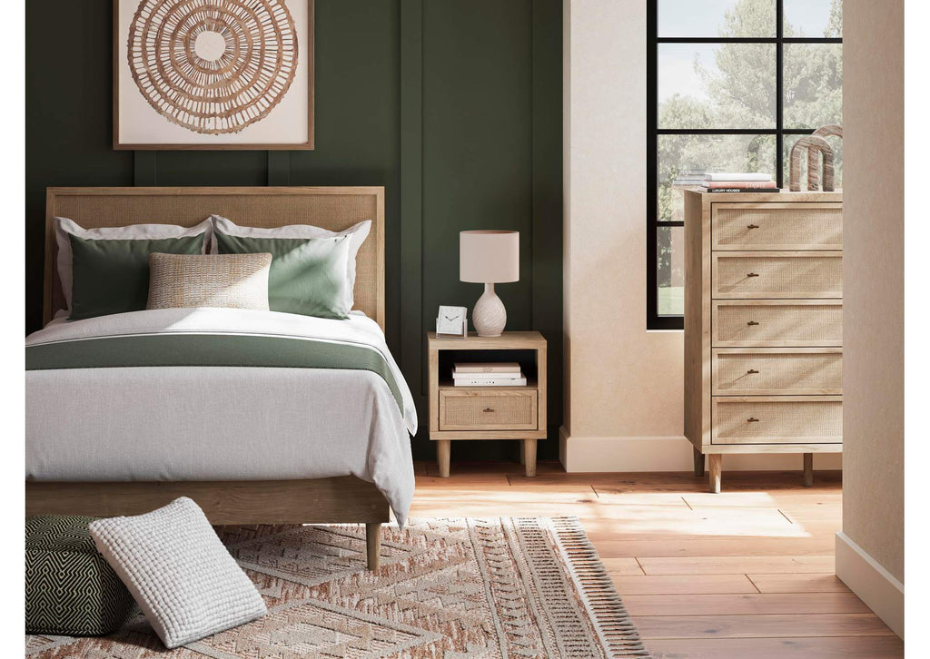 Cielden Queen Panel Bed with Mirrored Dresser, Chest and Nightstand