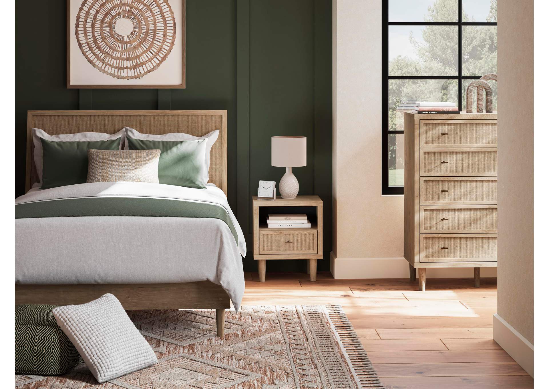 Cielden Queen Panel Bed with Mirrored Dresser, Chest and Nightstand