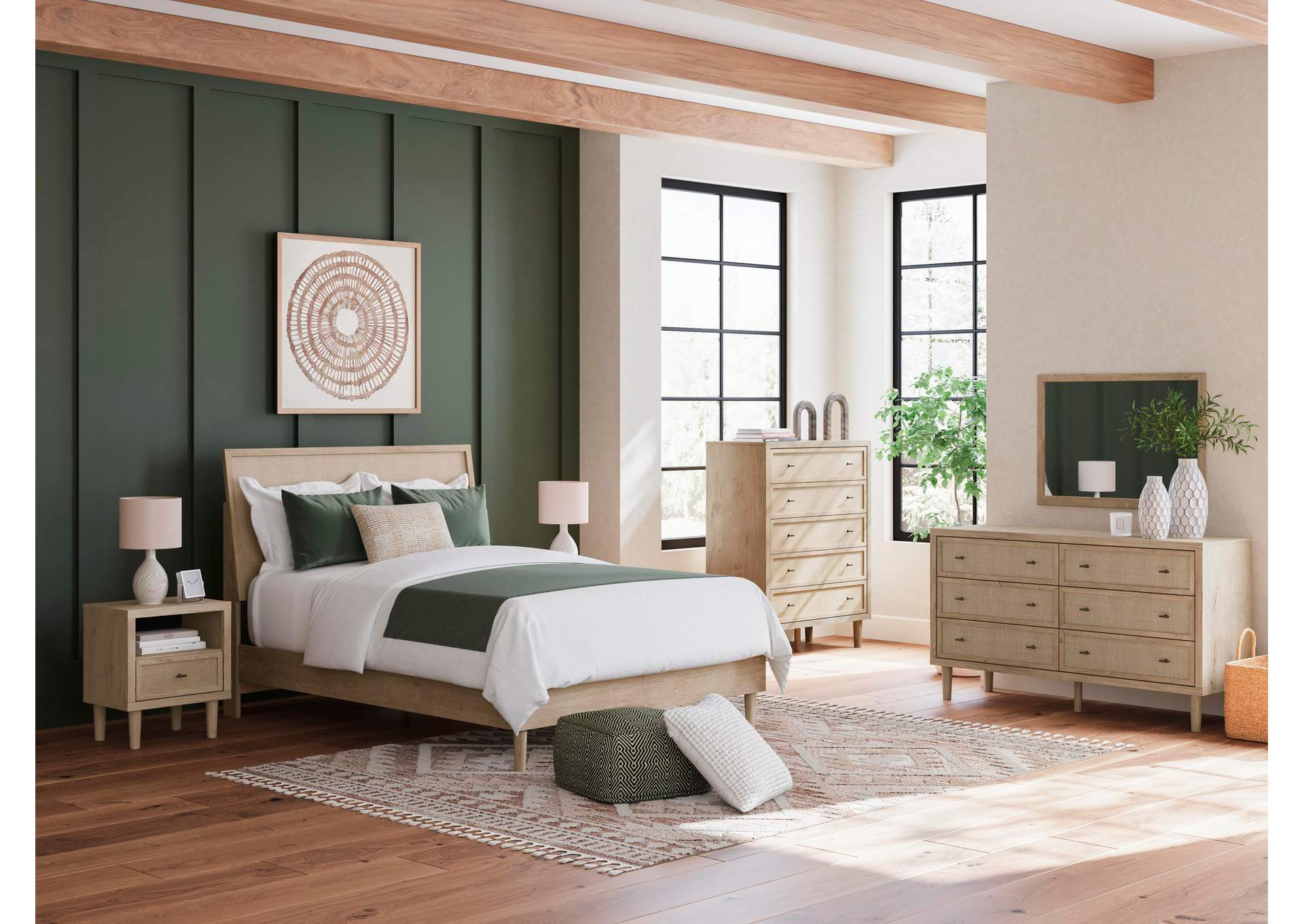 Cielden Queen Panel Bed with Mirrored Dresser, Chest and 2 Nightstands