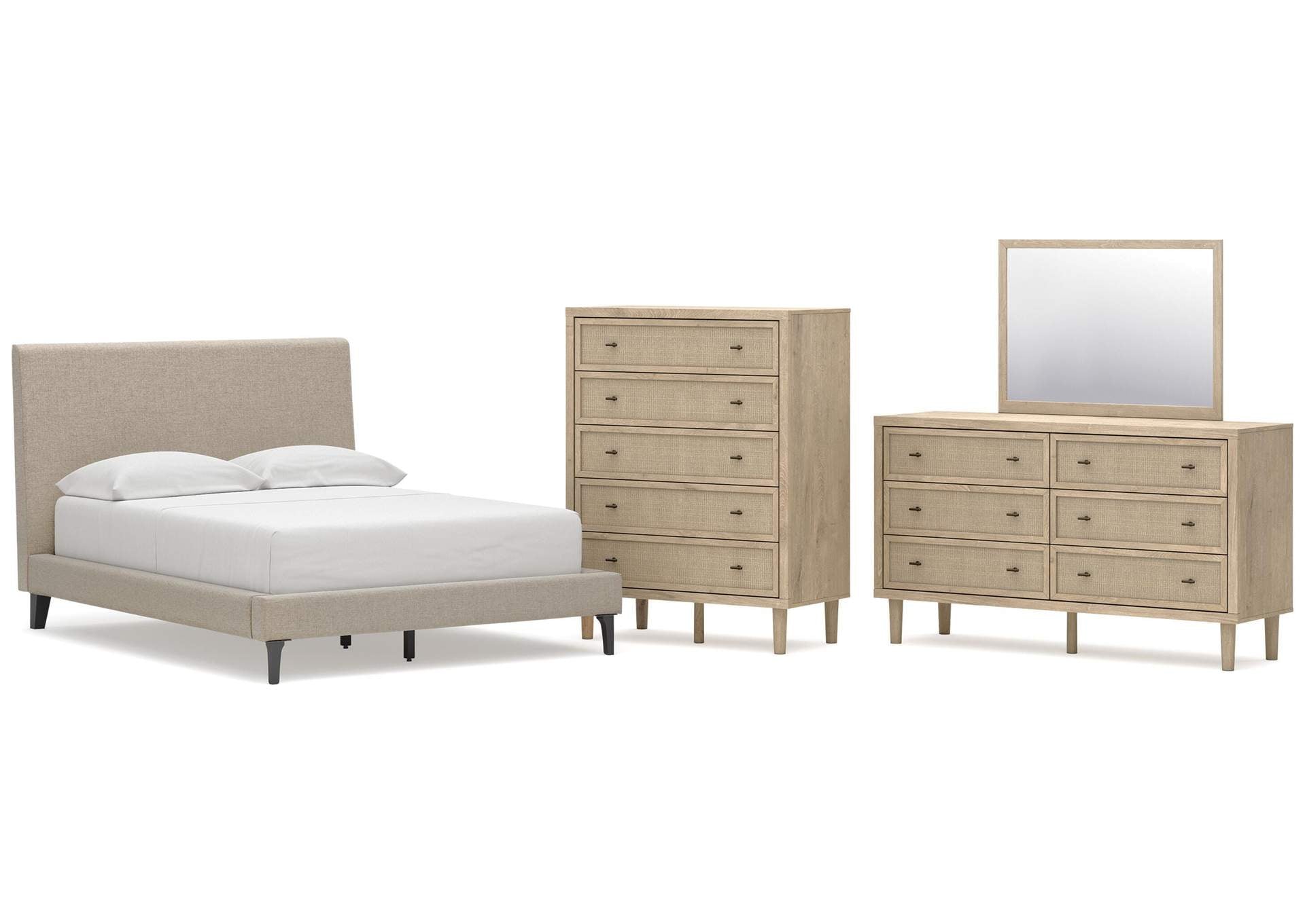 Cielden Full Upholstered Bed with Roll Slats, Dresser, Mirror and Chest