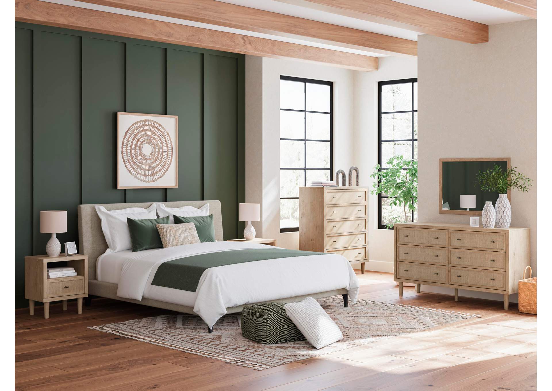 Cielden Queen Upholstered Bed with Roll Slats, Dresser and Nightstand